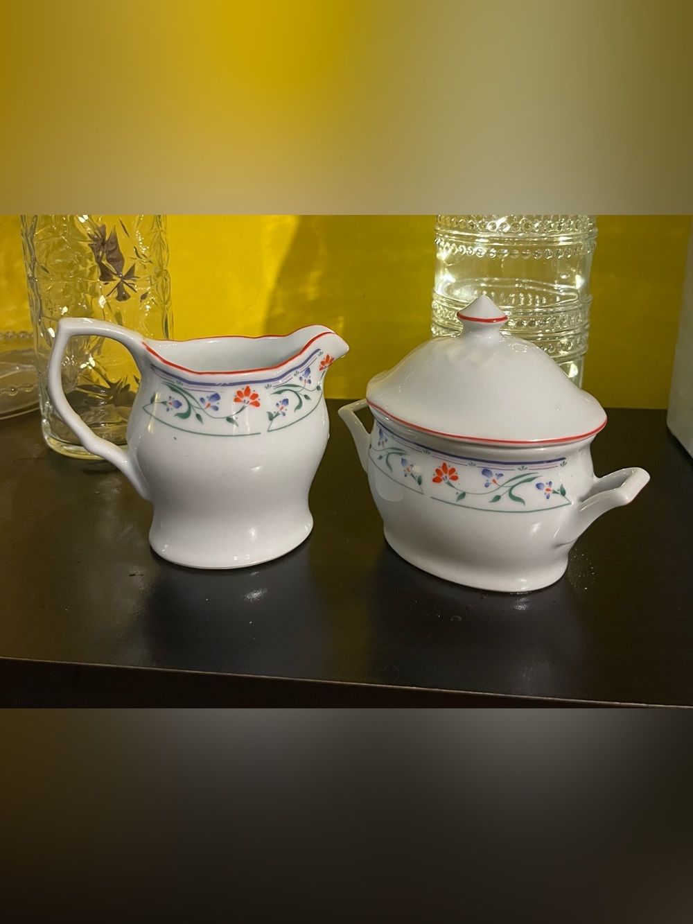 Gibson Vintage White Floral Porcelain Creamer and Sugar Set with Red Trim
